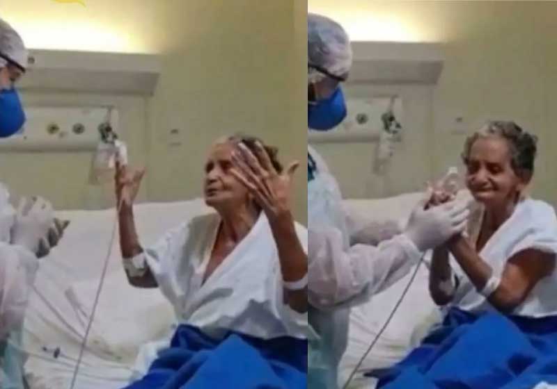 Idosa canta para profissionais de saúde após receber alta. O vídeo viralizou. - Foto: reprodução O Povo
