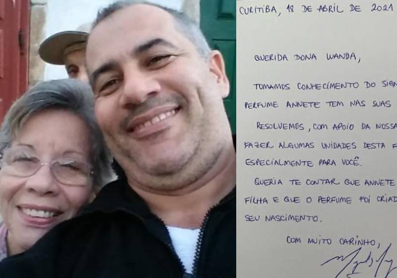 Dona Wanda, o filho e a carta enviada pelo Boticário - Fotos: reprodução / Twitter DCM