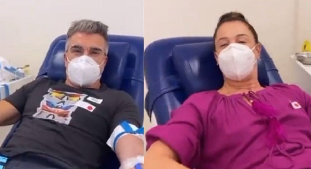 Cláudia Raia e o marido doando sangue para Paulo Gustavo - Fotos: reprodução / Instagram