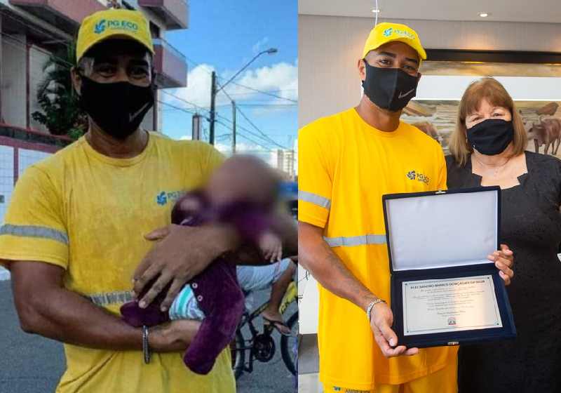 Alex com o bebê e com a prefeita de Praia Grande - Fotos: Reprodução/PG Mil Grau