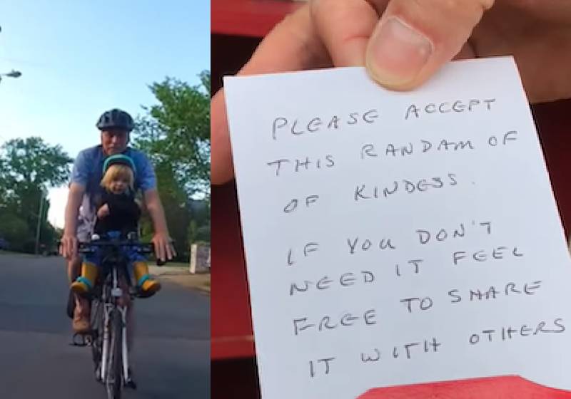 George com MIles na bike e o bilhete que entregam junto com o dinheiro - Fotos: reprodução / Fox5