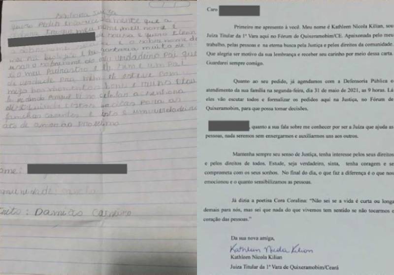 A carta do menino e a resposta da juíza - Fotos: reprodução