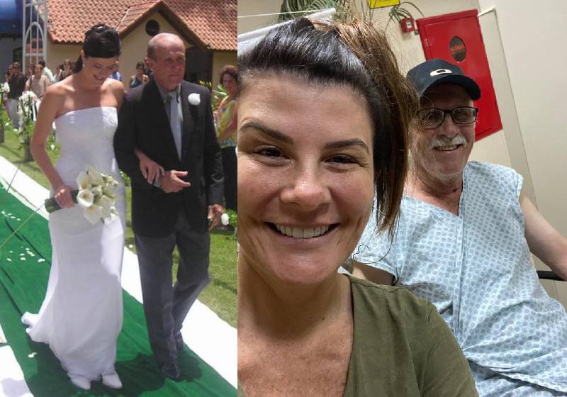 Patrícia Calderon no casamento e no hospital com o pai, seu José - Fotos: arquivo pessoal