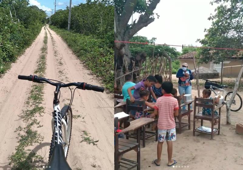 A estrada, a bike e alguns alunos da professora no Sertão - Fotos: reprodução / Instagram