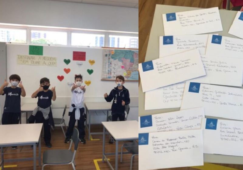 Alunos que estão mandando cartinhas na corrente do bem durante a pandemia - Foto: Divulgação/ Colégio Marista