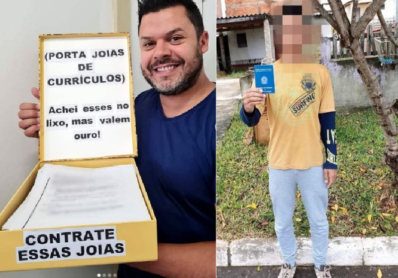 Kaká, os curriculos resgatados do lixo e um rapaz que arrumou emprego - Fotos: Instagram
