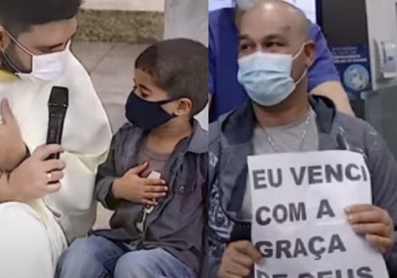 O padre, o menino e o padrinho que teve alta - Fotos: reprodução / Youtube