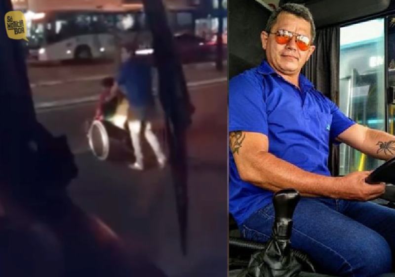 O motorista Marcos Paulo ajudando o senhor cadeirante a atravessar avenida em Fortaleza - Fotos: arquivo pessoal / Instagram