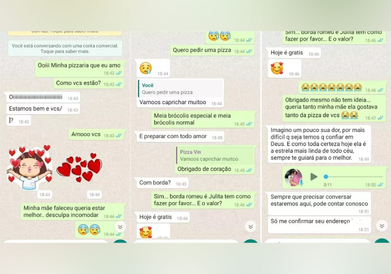 Atendente de pizzaria emociona cliente com carinho e apoio após perda da mãe. - Foto: reprodução