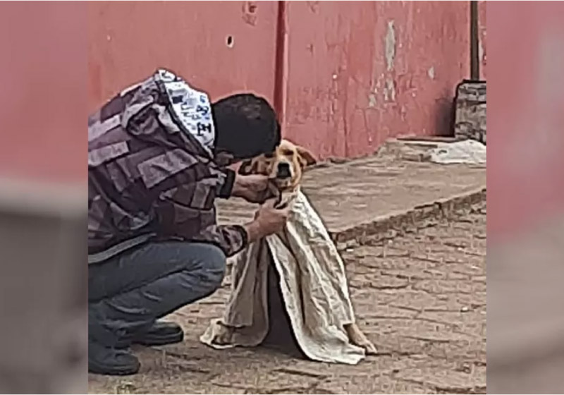O jovem agasalhou o cão que tremia de frio. A foto foi registrada por uma moradora. - Foto: arquivo pessoal