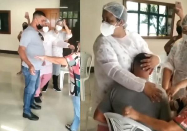 Quatro pessoas tiveram que acalmar o homem para tomar a vacina - Fotos: Instagram SecSaudecg
