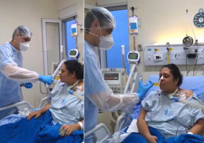 O enfermeiro Matheus dando suco de laranja na seringa para Renata, na UTI - Fotos: reprodução / Instagram