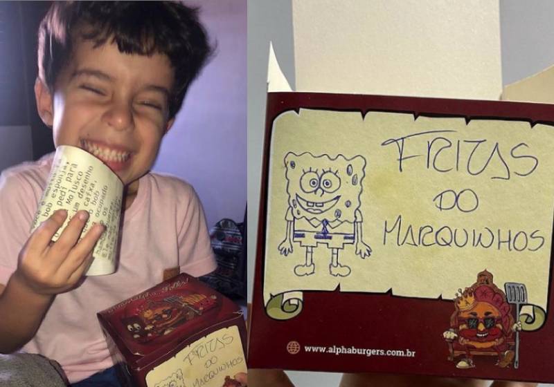 Marquinhos ficou todo feliz com o hambúrguer personalizado do Bob Esponja - Fotos: Instagram