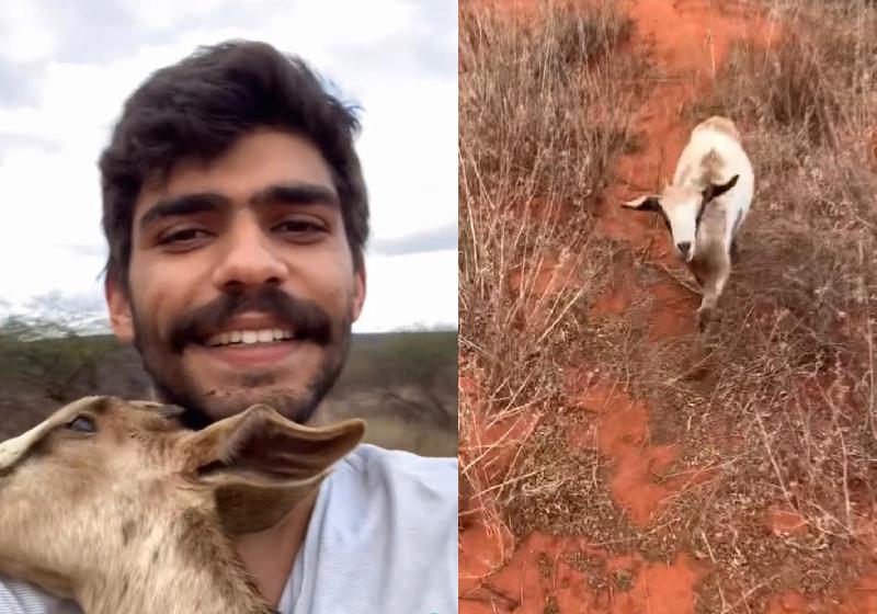 Felipe Oliveira leva no colo a cabritinha cega perdida - Fotos: reprodução / Instagram