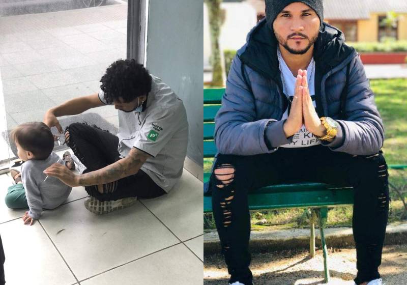 O barbeiro Alan Faneli no chão, cortando o cabelo do garoto autista - Fotos: reprodução / redes sociais