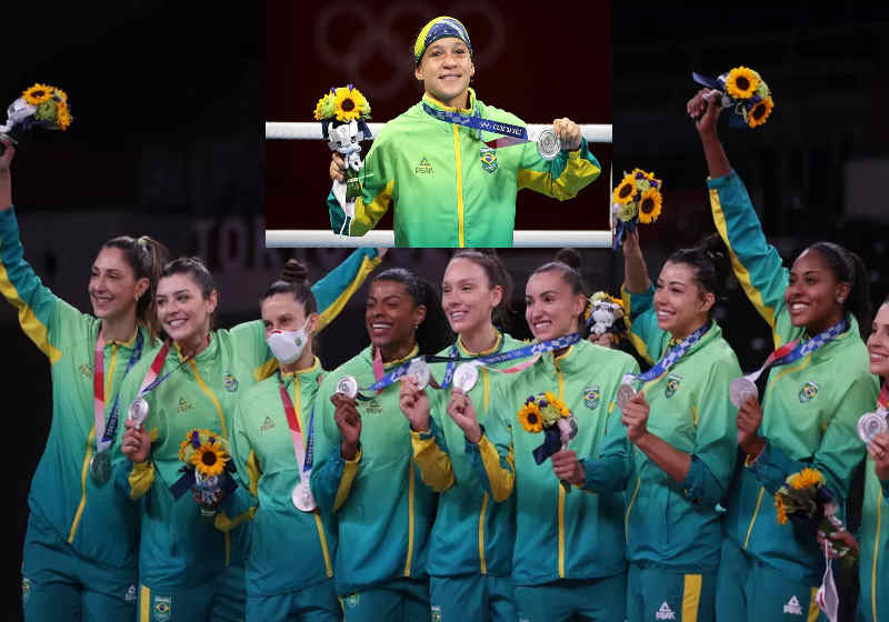 As jogadoras da seleção brasileira de volei feminino no pódio e Beatriz Ferreira, do boxe, recebendo a medalha de prata Foto: reprodução COB