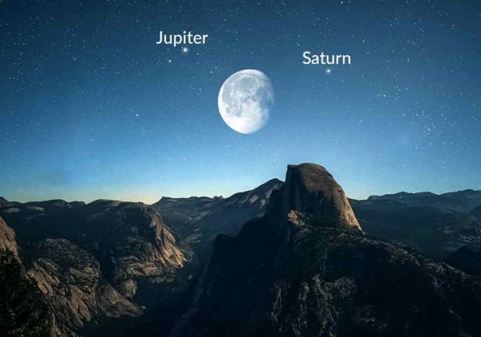 Dois fenômenos juntos na mesma noite: júpiter e saturno em conjunção e a Lua Azul Foto: StarWalk