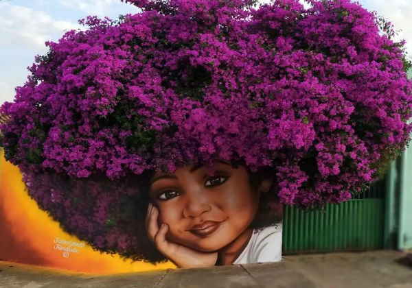 Mural de garotinha com cabelos da árvore Bougainvillea, em muro de Trindade, GO - Foto: reprodução / Instagram