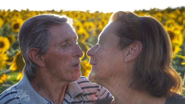 Idosos que se conheceram no lar tiram fotos na plantação de girassóis em Cerquilho — Foto: Ronny Clayton Fotografia