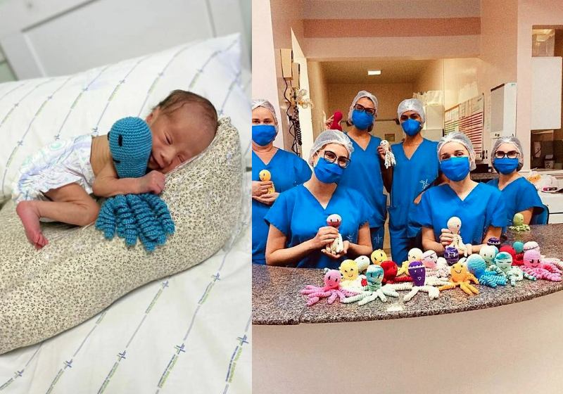 Os polvinhos de crochê ajudam os prematuros a saírem mais rápido do suporte de oxigênio - Fotos: reprodução / Instagram