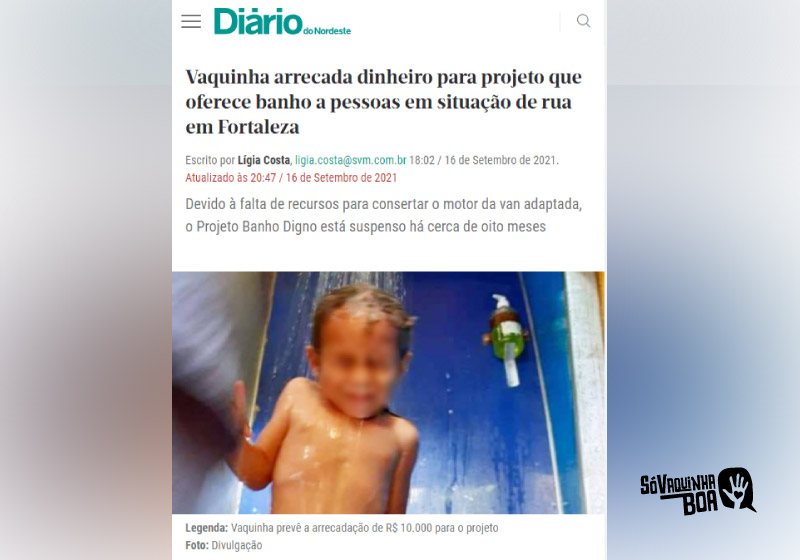 Vaquinha para projeto Banho Digno é destaque no Diário do Nordeste - Foto: reprodução