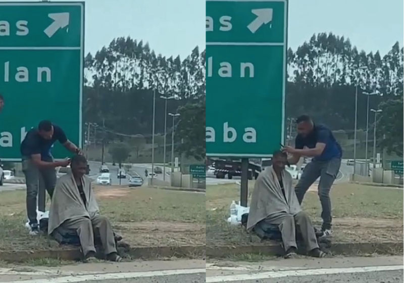 O Motoboy aprendiz de barbeiro viralizou após cortar cabelo de homem em situação de rua — Foto: Reprodução/EPTV