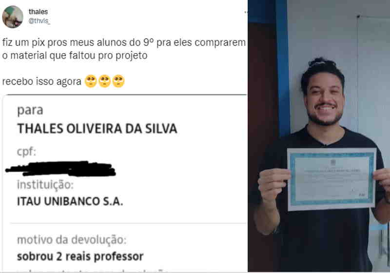 Formado pela UFRJ (Universidade Federal do Rio de Janeiro), Thales dá aula desde 2017 e atualmente faz uma pós-graduação. Foto: reprodução twitter