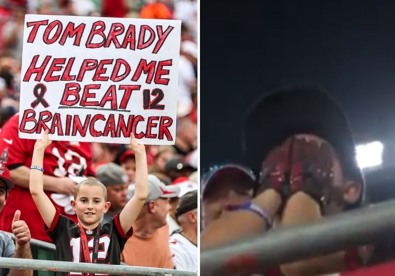 Tom Brady me ajudou a vencer um câncer cerebral, disse o menino em um cartaz levado ao estádio - Foto: NFL News