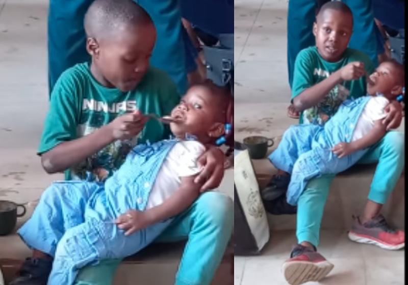 Menino dá comida para a irmãzinha caçula enquanto aguarda a mãe num exame - Fotos: Reprodução / Facebook: @alisigwe.amarachi