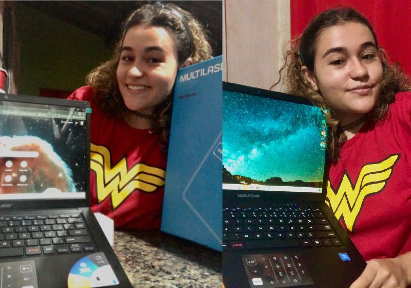 Larissa recebeu em casa do laptop de presente da Multilaser e agradeceu - Fotos: arquivo pessoal