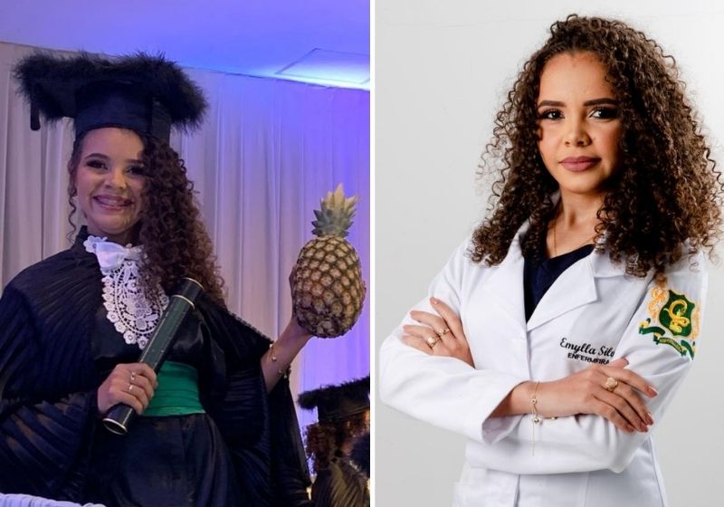 Emylla de Sousa levou um abacaxi na formatura para homenagear os pais agricultores que bancaram os estudos da filha - Fotos: reprodução / Instagram