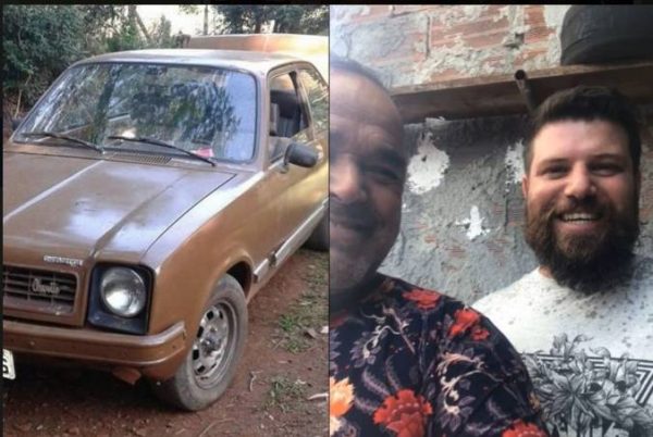 O Chevette, o dono da rifa e o ganhador que devolveu o carro - Fotos: reprodução / redes sociais