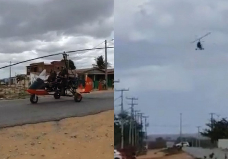 O borracheiro Gêneses Gomes sobrevoou o município de João Dias em girocóptero construído com peças de sucata e o motor de um fusca - Foto: Reprodução/Twitter