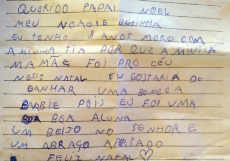 Na carta para Papai Noel, Betinha contou que a mãe dela foi para o céu e eles se uniram para ajudar a menina - Foto: arquivo pessoal