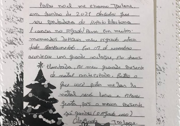 A carta da menina transplantada de 12 anos agradecendo ao Papai Noel pelo órgão que recebeu de Natal - Foto: arquivo pessoal