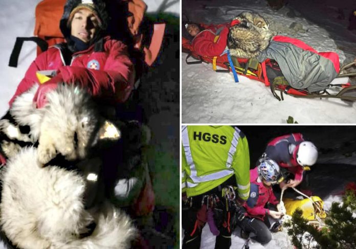 O cão North se aninhou ao alpinista ferido e o aqueceu durante a missão de resgate em alta altitude que durou 13 horas Foto: : HGSS - Hrvatska Gorska Služba Spašavanja