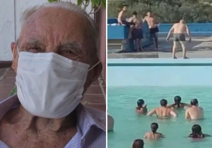 Seu Artur deu uma cambalhota na piscina aos 97 anos e garante que ainda tem muita saúde - Fotos: reprodução/vídeo