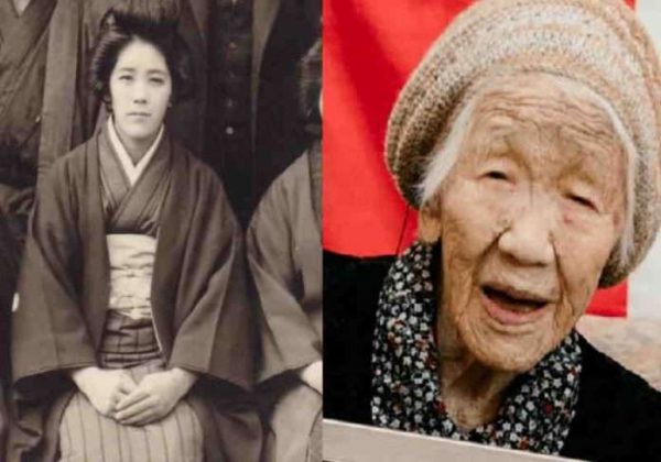 A japonesa Kane Tanaka quando jovem e aos 118 anos após entrar para o Guinness - Fotos: reprodução