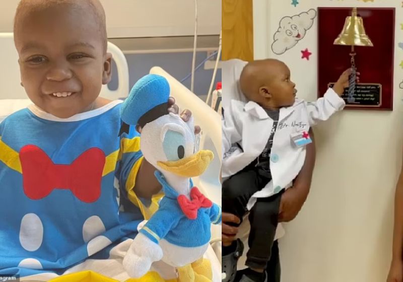 Noah comemorou a cura do câncer tocando o sino do hospital e emocionou a todos - Fotos: Nikki Eyo / SWNS