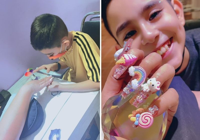 Gabriel faz unhas de acrílico impecáveis para ajudar o irmão com câncer - Fotos: Reprodução/Facebook
