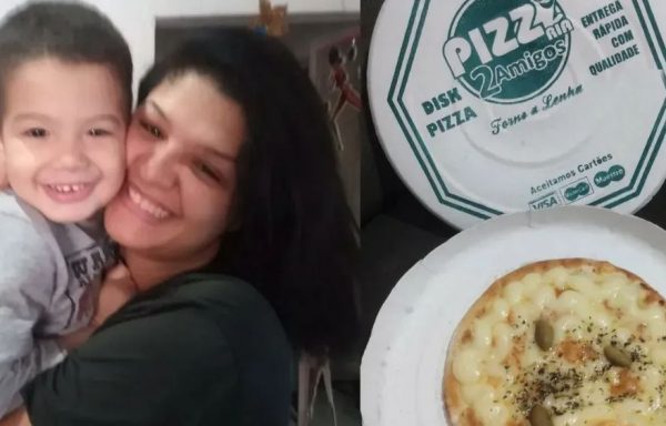 Mileyne, Lorenzo e a mini pizza da Pizzaria 2 Amigos, de São Vicente, SP — Fotos: Arquivo Pessoal