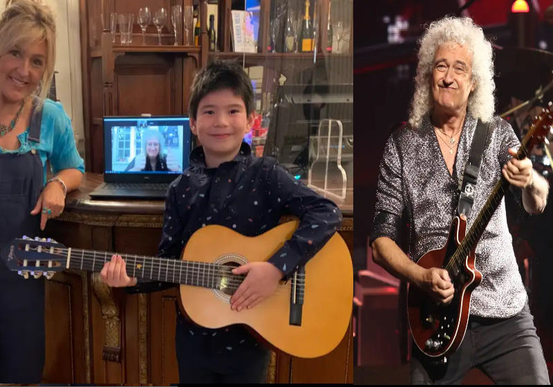 Emerson Liu Bancroft com o violão novamente graças a M. Murray (à esquerda) e ao guitarrista Brian May que fez campanha nas redes Foto: Instagram