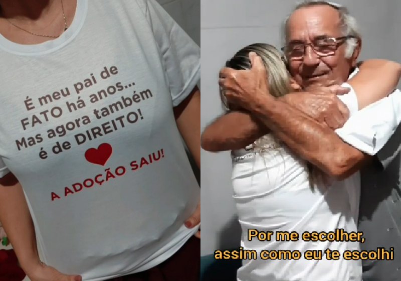 Micheline mostrando ao pai que a adotou há 40 anos que a adoção dela finalmente saiu - Fotos: reprodução / Instagram
