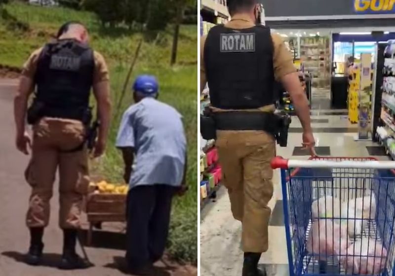 Idoso foi surpreendido com ajuda dos PMs. Fotos: Reprodução/Vídeo