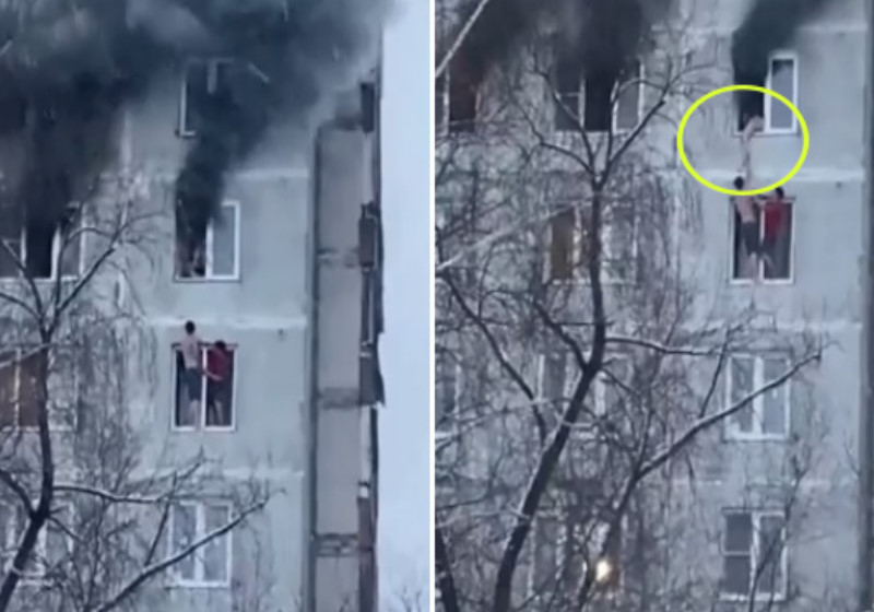 Dois heróis saíram de uma janela no oitavo andar, e conseguiram salvar uma garota na janela de um outro apartamento no nono andar - Foto: reprodução