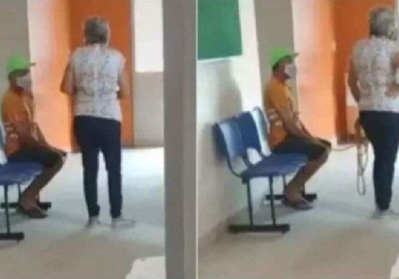 A mulher levou o marido amarrado para se vacinar porque ele é negacionista e ela quer proteger a família - Fotos: reprodução / Twitter