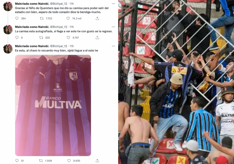 O garoto, segundo a publicação do Twitter, entregou uma camisa do time dele para que a torcedora adversária pudesse sair do estádio em segurança - Foto: reprodução