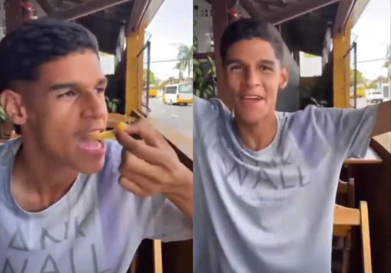 Iran, o "Cara da Luva de Pedreiro" viralizou nas redes ao mostrar a sensação de comer pizza e batata frita pela primeira vez - Foto: reprodução Instagram