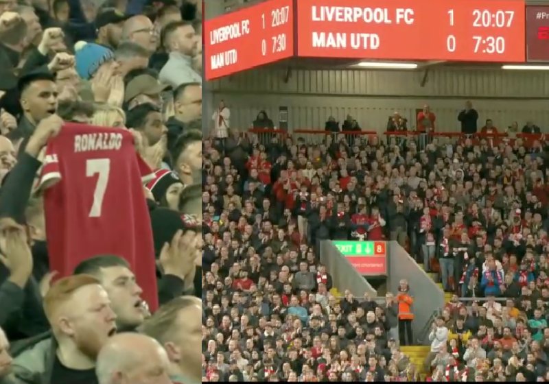 De pé, a torcida rival do Liverpool aplaudiu e fez uma homenagem de arrepiar para Cristiano Ronaldo, que perdeu um dos gêmeos na Páscoa - Foto: reprodução / ESPN
