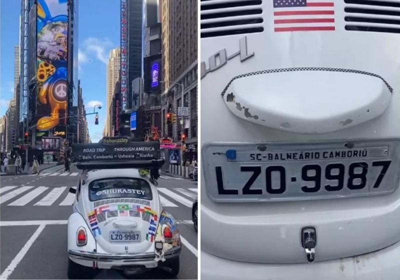 Atualmente, o fusca 1978 está em Nova York e tem chamado atenção em plena Times Square. Fotos: Arquivo Pessoal